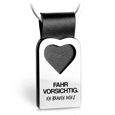 Abbildung von FABACH Herz Schlüsselanhänger mit Gravur aus Leder Auto Glücksbringer Anhänger für Ihren Lieblingsmensch Fahr vorsichtig Ich brauch dich