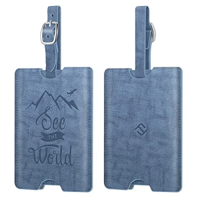Abbildung von Fintie Kofferanhänger aus Kunstleder, [2 Stück] Gepäckanhänger ID Etikett mit Adressschild Namenschild für Reisetasche Koffer, Vintage Blau