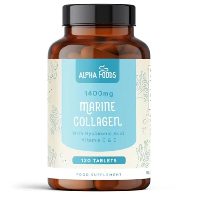 Abbildung von Meereskollagen Tabletten 1400mg mit Hyaluronsäure, Vitamin C, E, Zink, Kupfer &amp; Biotin Hydrolysiertes Typ 1 Kollagen Ergänzungen für Frauen Männer 120 (2 Monatsvorrat) Alpha Foods