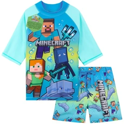 Abbildung von Get Trend Minecraft Schwimmanzug Kinder Badeanzug mit Badehose Jungen und Schwimmshirt Strand Urlaub Schwimmen (11 12 Jahre, Blau/Grün Minecraft)