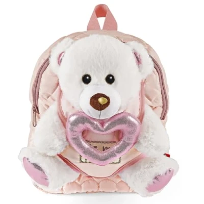 Abbildung von PERLETTI Teddybär Rucksack für Kinder mit Plüschtier Bär und Rosa Herz Kuscheltier Pluschspielzeug Weich Flauschig Kindergarten Schultasche 3 4 5 6 Jahren Baby Kindertasche (Rucksack)