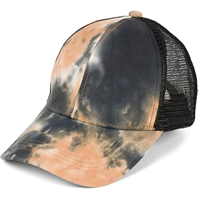 Abbildung von styleBREAKER Damen Ponytail Baseball Cap im Batik Look mit Mesh Einsatz, Basecap, Klettverschluss verstellbar 04023081, Farbe:Orange Schwarz