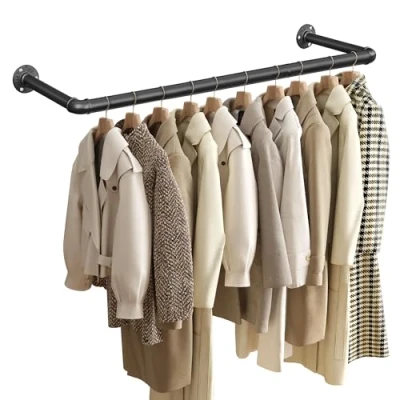 Abbildung von SONGMICS Kleiderstange für die Wand, Garderobenstange, Wandmontage, platzsparend, 92 x 30 7,5 cm, einfache Montage, Industrie Design, kleine Wohnungen, schwarz HSR67BK