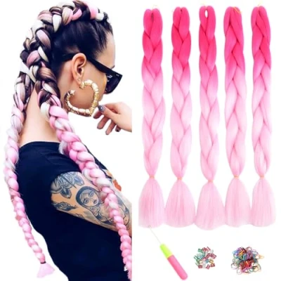 Abbildung von ShowJarlly Jumbo Braid Kunsthaar Haar, Ombre Extension, 24 Zoll Kanekalon Haar Flechten Extensions 5 Stücke Für Crochet Twist Box Zum Einflechten Zöpfe Pfirsich/Hellrosa#