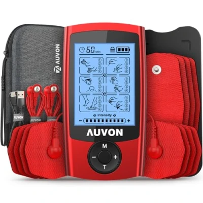 Abbildung von AUVON TENS Gerät mit EVA Tragetasche, Wiederaufladbare Reizstromgerät gegen Schmerzen 24 Trainigsprogramme, 2 Kanäle rotes Schmerztherapie, 12 Premium Elektroden patentiertem Design