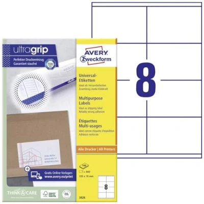 Abbildung von AVERY Beutel mit 800 UltraGrip Etiketten, individuell bedruckbar und bedruckbar, Format 105 x 70 mm, Laserdruck, Tintenstrahldruck, Kopierer. (3426 100)