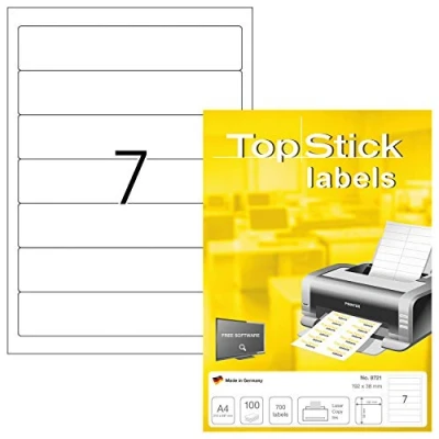 Abbildung von TopStick 8721 Ordnerrücken Etiketten schmal kurz, 100 Blatt, 192 x 38 mm, 7 pro A4 Bogen, 700 Stück, selbstklebend, bedruckbar, blickdicht, blanko Papier Ordneretiketten Rückenschilder Aufkleber, weiß