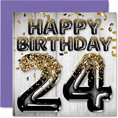 Abbildung von Geburtstagskarte zum 24. Geburtstag für Männer schwarze und goldene Glitzerballons Happy Karten 24 Jahre alten Mann Sohn Bruder Onkel Cousin 145 mm Vierundzwanzig Grußkarten Geschenk