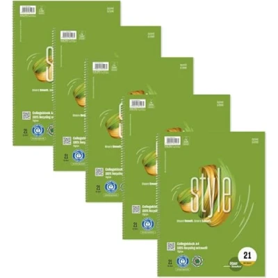 Abbildung von Staufen Ursus Style Collegeblock, 5 Stück, DIN A4, Lineatur 21 (9mm liniert), 80 Blatt, 4 fach Lochung, premiumweißes 70g/m² Recyclingpapier, Green