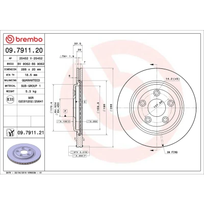 Abbildung von BREMBO COATED DISC LINE 09.7911.21 Bremsscheibe 288 20 5 innenbelüftet beschichtet JAGUAR: S Type, XJ Saloon