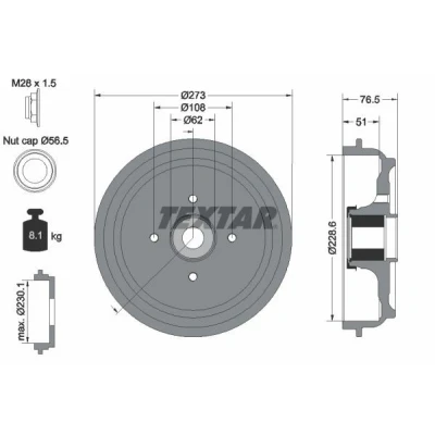 Abbildung von TEXTAR 94037900 Bremstrommel mit integriertem magnetischen Sensorring, Radlager, ohne Radbefestigungsbolzen, Radnabe 273