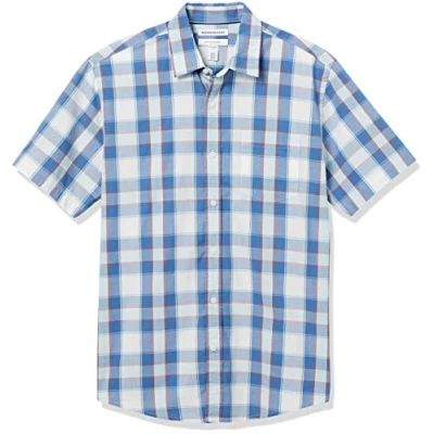Abbildung von Amazon Essentials Herren Kurzärmeliges Hemd aus Popeline, Normale Passform, Blau Buffalo Karos, XL