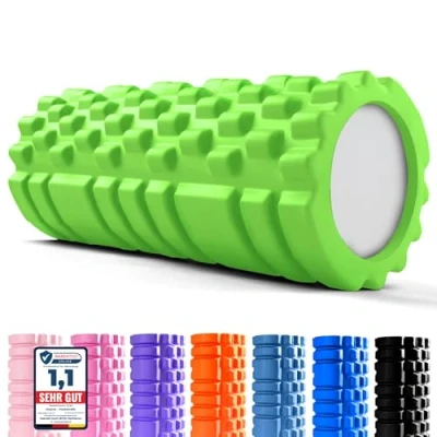 Abbildung von unycos Faszienrolle (33x14 cm), Fitness Rolle mit 3D Texturmassage und 50 Übungen E Book, Hartschaumrolle zur Selbstmassage, Belastbar 130 kg, Massagerolle für Funktionales Training (Grün)