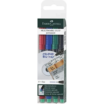 Abbildung von Faber Castell 1513 04 Marker MULTIMARK permanent, Stärke: F, 4er Etui, Inhalt: je 1x rot, blau, grün, schwarz