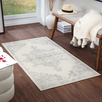 Abbildung von Surya Roma Vintage Teppich Wohnzimmer, Esszimmer, Flur, Rugs Living Room Boho Orientalisch Style, Kurzflor Carpet Bunter Weiß, Grau 80x150cm