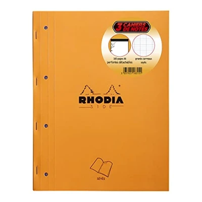 Abbildung von Rhodia 118315C Set mit 3 Notizblöcken geheftet DIN A4 (22,3x29,7 cm), 80 Blatt mikroperforiert, 4 fach gelocht, französiche Lineatur, Clairefontaine Papier weiß 80g, Cover Orange, Stück