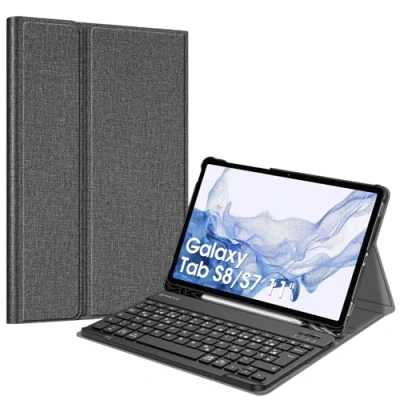 Abbildung von Fintie Tastatur Hülle für Samsung Galaxy Tab S8 11 Zoll 2022 /S7 2020 Tablet, Keyboard Cover mit Magnetisch Abnehmbarer Deutscher Bluetooth Tastatur, Jeansoptik Dunkelgrau