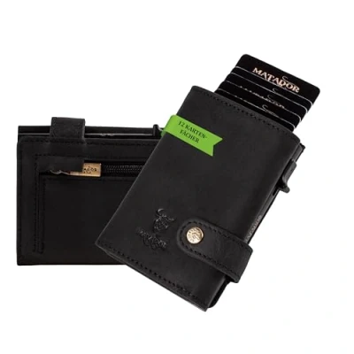 Abbildung von MATADOR Slim Wallet London Kreditkartenetui Leder mit POP UP Kartenhalter Münzfach &amp; RFID Schutz Mini Geldbeutel Klein kleines Karten Portemonnaie Geschenkverpackung Schwarz