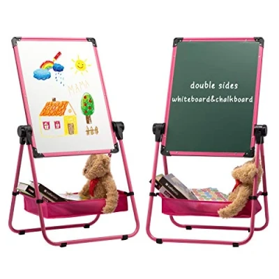 Abbildung von DOEWORKS Kinder Whiteboard Staffelei Doppelseitiges &amp; Kreidetafel Magnetische mit Komplett Set Höhenverstellbar und 360 Drehbar, Rosa