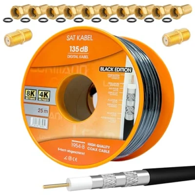 Abbildung von HB DIGITAL SET 25m Koaxial SAT Kabel 135db Schwarz + 10x F Stecker &amp; 2x Verbinder vergoldet CCS Stahl Kupfer Satellit Antennenkabel 5 Fach geschirmt für DVB S/S2 C/C2 T/T2 DAB+Radio BK Anlagen