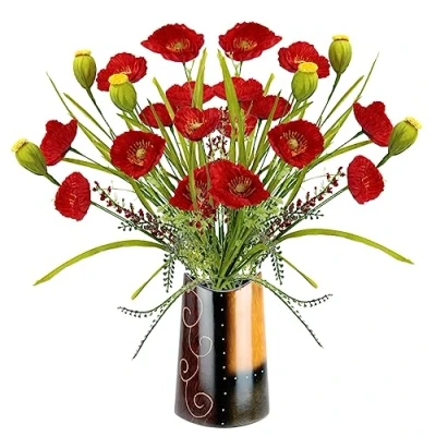 Abbildung von Flair Flower Mohnblumenbusch in Vase künstliche Blumen Mohnblume Mohn Mohnbusch Bouquet Kunstblumen Strauß Blumenstrauß Blumenbouquet Blumendeko Wiesenblumen Grab Hochzeit Dekoration, Rot