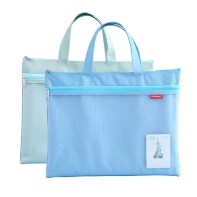 Abbildung von A4 Dokumententasche Zip Beutel, 2 Stück Tragetasche Nylon Mesh Beutel Wasserdichte Doppel Reißverschluss Klein Etiketten Schüler Büro Liefert Reisetasche (Blau Grün)
