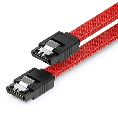 Abbildung von deleyCON 30cm SATA 3 Kabel Nylon 6 Gbit/s Datenkabel III Anschlusskabel Serial ATA Verbindungskabel für Mainboard &amp; Festplatte HDD SSD 2 S L Stecker Gerade Rot
