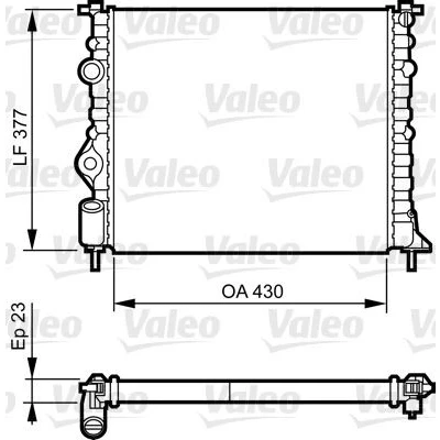 Abbildung von VALEO 731378 Kühler, Motorkühlung Aluminium 378 430 23 mit Kühlmittelregler Kühlrippen mechanisch gefügt RENAULT: CLIO 2, Scénic 1, MEGANE 1 Cabriolet