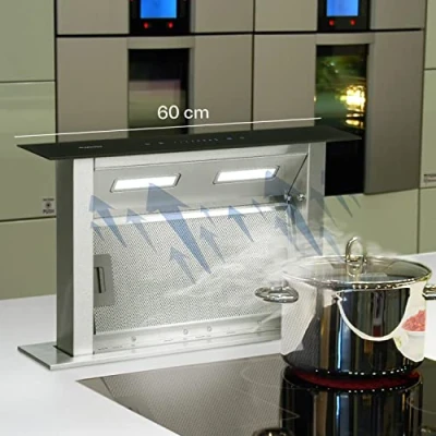 Abbildung von Klarstein Royal Flush Downdraft, ausfahrbare Dunstabzugshaube, Tisch Abzugshaube, 430 m3/h Abluftleistung, Edelstahl und Glas, Tischmontage, 4 Leistungsstufen, Timer, 60 cm breit, schwarz