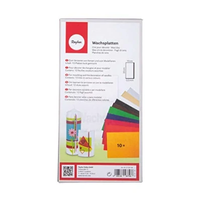 Abbildung von Rayher 3102749 Verzierwachs, Set 10 Verzierwachsplatten, je 20 x cm, Farben sortiert, Wachs zum Kerzen verzieren, Kerzenwachs, Wachsfolie
