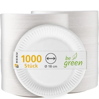 Abbildung von HEKU 1000er Pack weiße Pappteller Ø 18cm I Umweltfreundlich &amp; Kompostierbar Großpackung für Veranstaltungen Stabile 220g/m² Qualität Teil der &#039;be green&#039; Linie