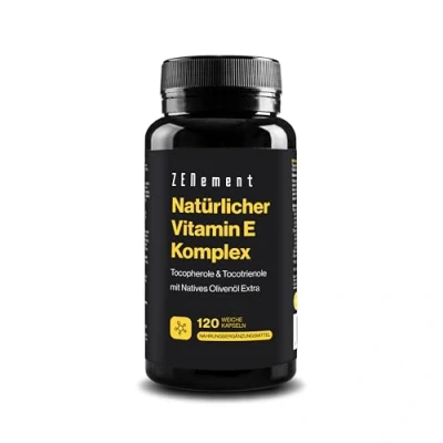 Abbildung von Natürlicher Vitamin E Komplex, Tocopherole &amp; Tocotrienole, 120 Weiche Kapseln mit Bio Natives Olivenöl Extra Vollspektrum Antioxidans Laborgeprüft, Frei von Soja Zenement