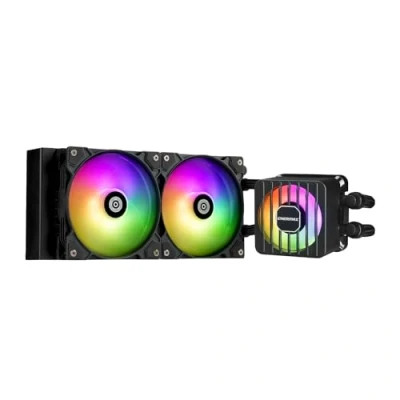 Abbildung von ENERMAX LIQMAXFLO 240mm CPU AIO Liquid Cooler (LGA 1700, 1200, AM5, AM4) Xtreme Dual Chamber Pumpe ARGB VRM Wasserblocklüfter 380W+ TDP (2x 120 PWM Silent Flow Fan); ELC LMF240T ARGB, schwarz