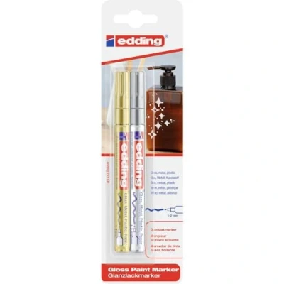 Abbildung von edding 751 Glanzlackmarker gold, silber Packung mit 2 Lackmarkern Rundspitze 1 mm Lackstift für Glas, Stein, Holz, Kunststoff und Papier wasserfest, stark deckend