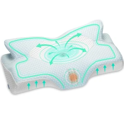 Abbildung von Elviros Orthopädisches Kopfkissen aus Memory Foam, Seitenschläferkissen Nackenstützkissen, Nackenschmerzen, Ergonomisches Schlafkissen für Nacken und Schulterschmerzen, 53.8x11/9x33cm, Blau