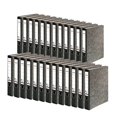 Abbildung von Original Falken 25er Pack Recycling Ordner Wolkenmarmor. Made in Germany. 5 cm schmal DIN A4 schwarzer Rücken Ringordner Aktenordner Briefordner Büroordner Pappordner CO2 Neutral Blauer Engel