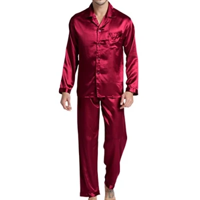 Abbildung von Herren Schlafanzug Pyjama Set Satin Nachtwäsche mit Langen Ärmel Loungewear (Burgund, XL)
