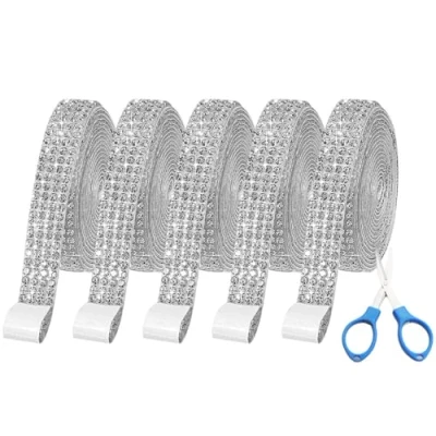 Abbildung von Hitopin 5 Rollen Kristall Strasssteine Strassband, Bling Harz Diamant Band, Strassband Selbstklebend, Selbstklebend Aufkleber Strass, für Handwerk, DIY Party Hochzeit Dekoration,1 Yards/Rolle (Silber)