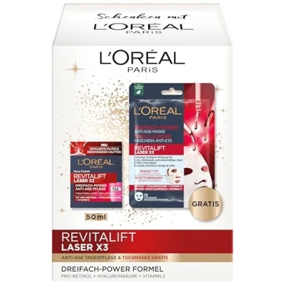 Abbildung von L&#039;Oréal Paris Anti Age Gesichtspflegeset Mit Tagespflege und Tuchmaske, Pro Retinol, Hyaluronsäure &amp; Vitamin C, Revitalift Laser X3, 2 teilig