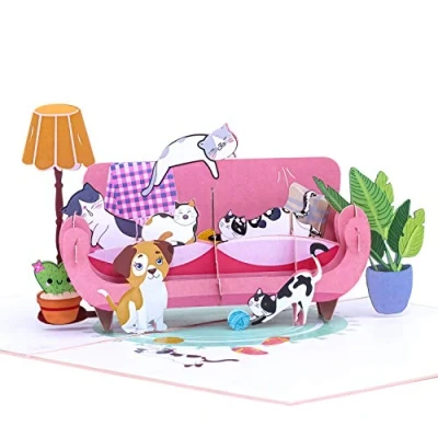 Abbildung von Favour Pop Up® 3D Karte eine Idylle Mit lustigen Katzen, zum Geburtstag, Jubiläum, zur Genesung oder als lieber Gruss. Einschiebekarte Beschriften. TB139