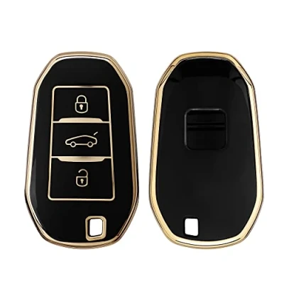 Abbildung von kwmobile Autoschlüssel Hülle kompatibel mit Peugeot Citroen 3 Tasten Smartkey (nur Keyless Go) Schlüsselhülle Silikon Cover Schwarz Gold