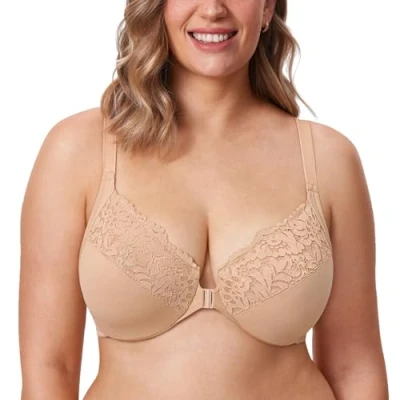 Abbildung von DELIMIRA Damen Vorderverschluss BH mit Bügel Vollständige Abdeckung Große Größen Warmes Beige 80G