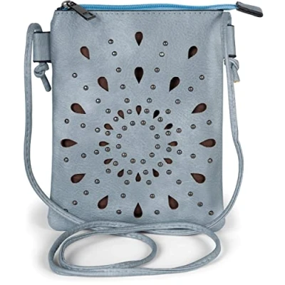 Abbildung von styleBREAKER Damen Mini Bag Umhängetasche mit Cutouts in Ethno Blumen Form und Nieten, Schultertasche, Handtasche, Tasche 02012304, Farbe:Jeansblau