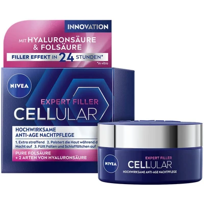 Abbildung von NIVEA Cellular Expert Filler Hochwirksame Anti Age Nachtpflege, extra straffende Nachtcreme mit Auffüllungseffekt, aufpolsternde Gesichtspflege Hyaluronsäure für die Nacht (50 ml)