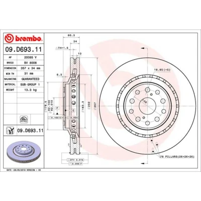 Abbildung von BREMBO 09.D693.11 Bremsscheibe 357 34 5 innenbelüftet beschichtet