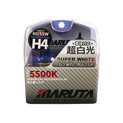 Abbildung von MARUTA SUPER WHITE H4 12V 60/55W Halogenlampe für Scheinwerfer, Abblendlicht &amp; Fernlicht, 5500K Xenon Effekt, langlebige Gas Birne mit hochwertigem Quarzglas Straßenzulassung (ECE Prüfzeichen)