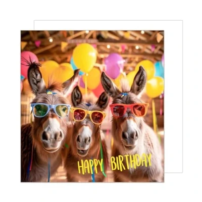Abbildung von Edition Seidel Premium quadratische Geburtstagskarte mit Umschlag. Glückwunschkarte Happy Birthday Billet Tier Karte Mann Frau Kinder Coole Esel Sonnenbrille Ballons (GQ174 SW024)