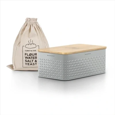 Abbildung von LARS NYSØM Brotkasten I Brotbox aus Metall mit Brotsack Leinen für langanhaltende Frische Brotdose hochwertigem Bambusdeckel verwendbar als Schneidebrett 34x18,5x13,5cm (Ash Gray)