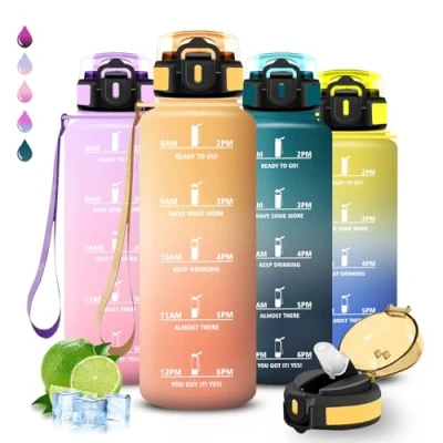 Abbildung von Trinkflasche, Trinkflasche 1 5 liter, Wasserflasche mit Strohhalm, Leicht zu Reinigen, Auslaufsicher, Motivierenden Slogans, Flasche Zeitmarkierung, für Wandern, Camping, Yoga