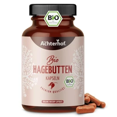 Abbildung von Hagebutten Kapseln hochdosiert BIO 180 Stück 595mg reines Hagebuttenpulver pro Kapsel ohne Zusätze vegan und laborgeprüft vom Achterhof